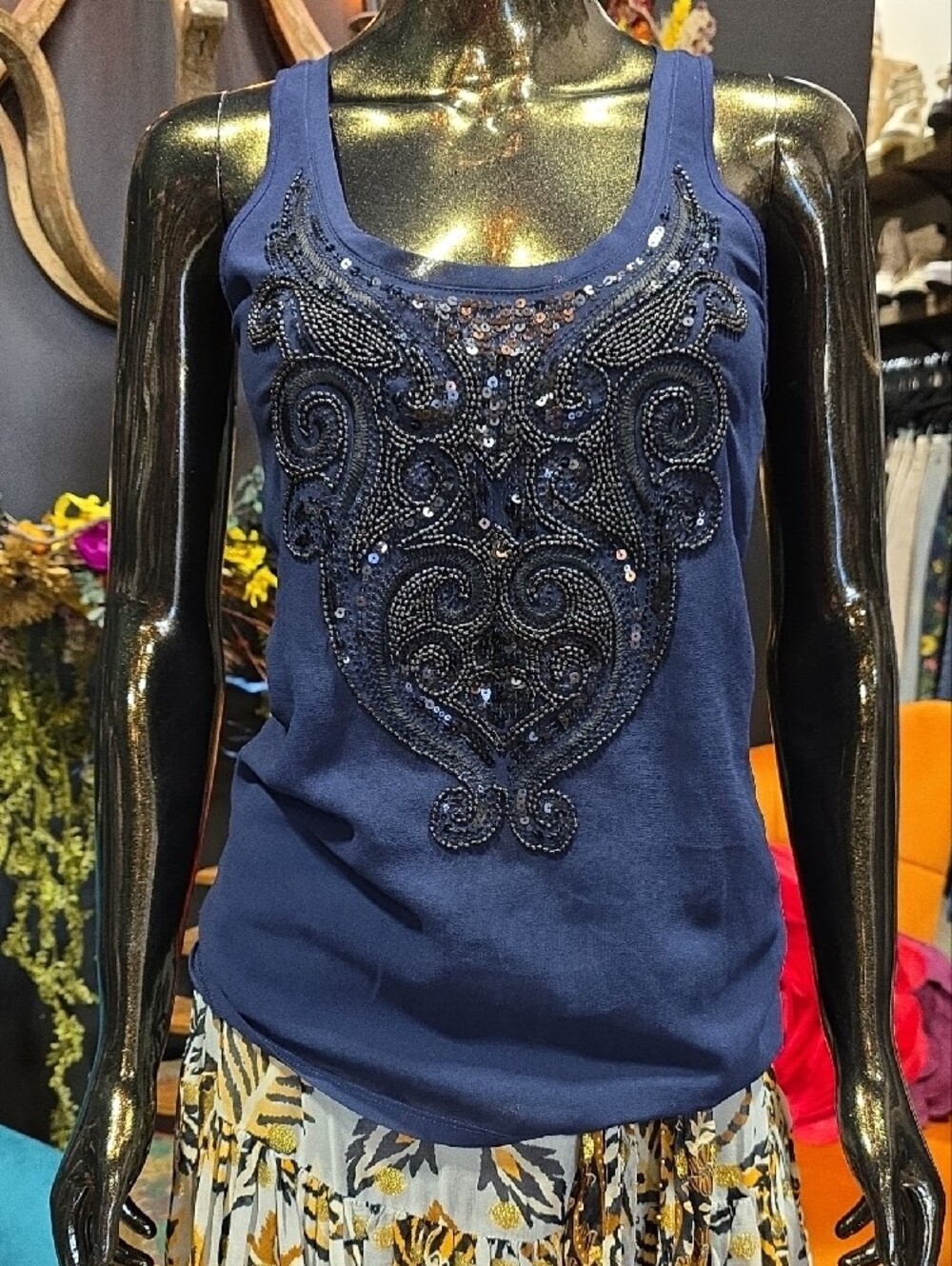 Express Navy Beaded Sequin Tank Top